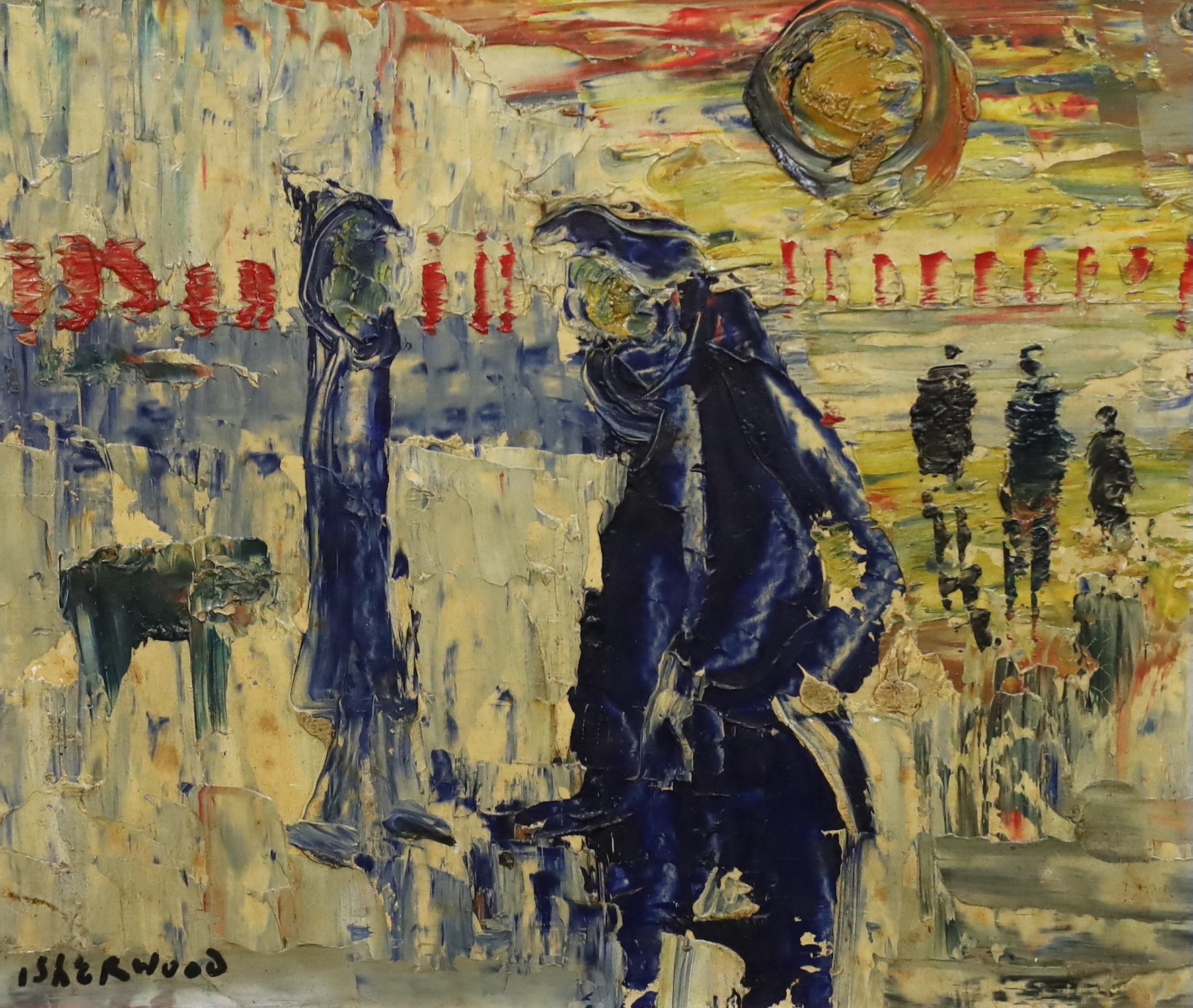 James Lawrence Isherwood (British, 1917- 1989), 'Rain People', oil on board, 29 x 34cm